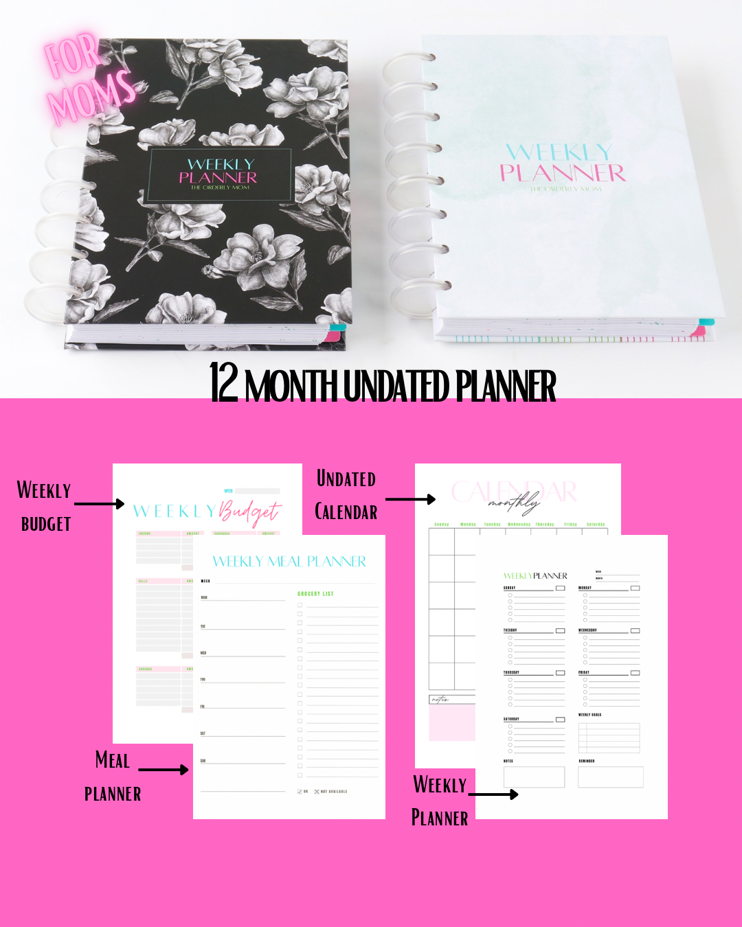 Agenda hebdomadaire pour mamans | Planificateur de repas, de budget, de dépenses et de courses (sans date)