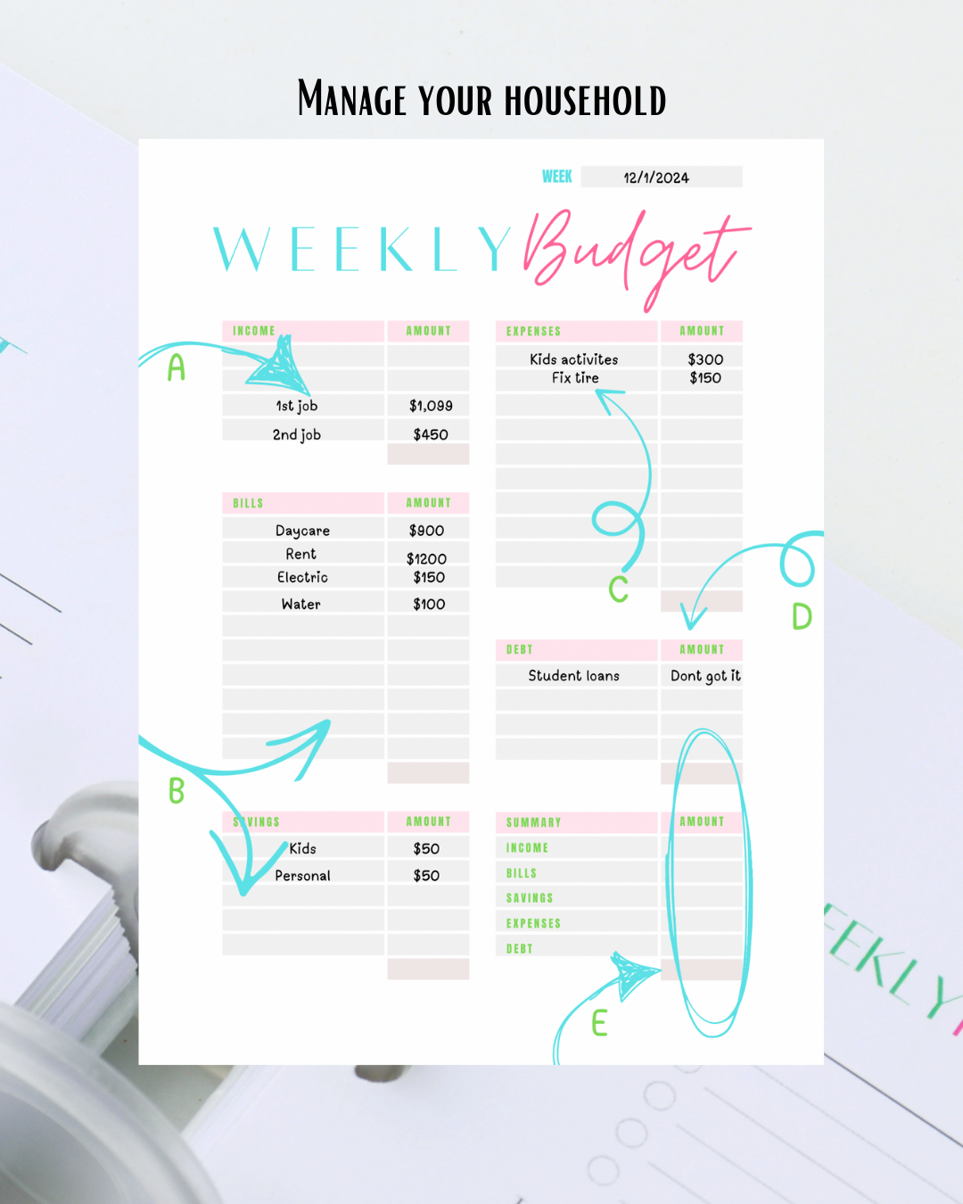 Agenda hebdomadaire pour mamans | Planificateur de repas, de budget, de dépenses et de courses (sans date)